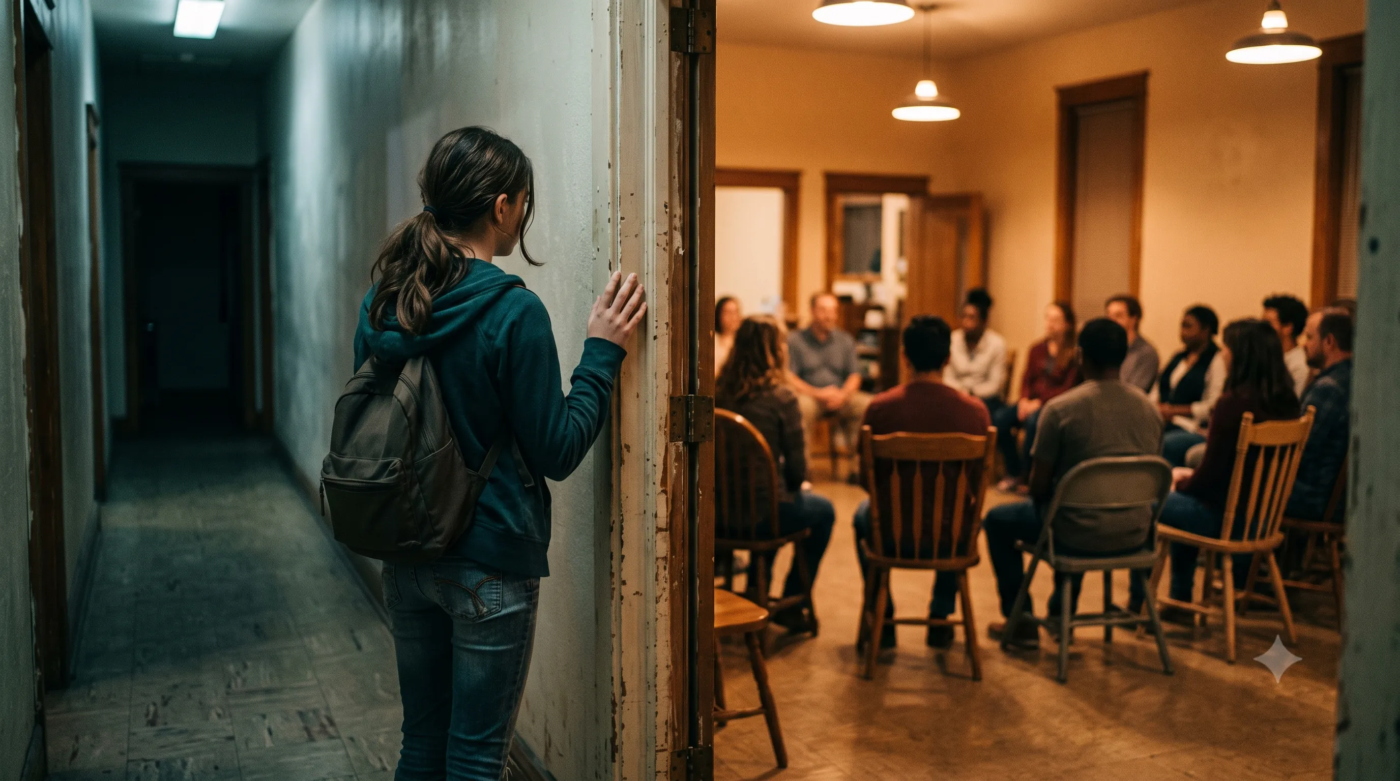 A young person pausing in a doorway, about to step into a lit room where chairs are arranged in a circle.