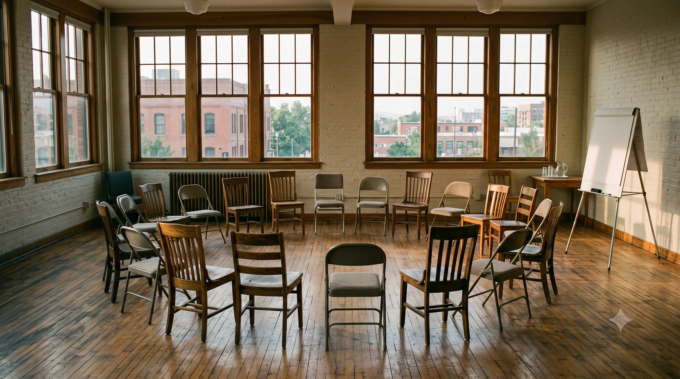 A circle of chairs in a community room, morning light across the floor.
