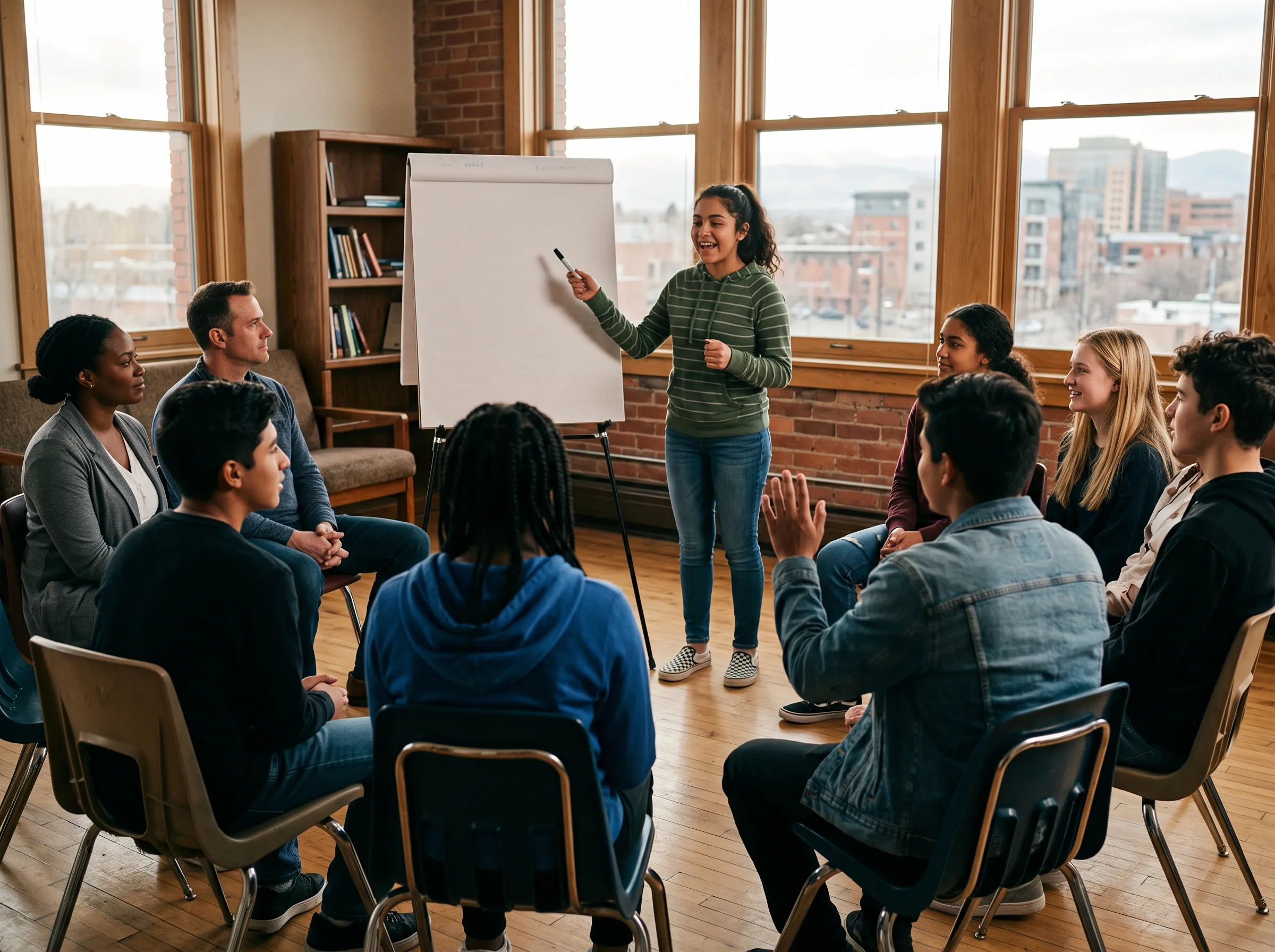 A teenager stands at a flip chart running a session while other young people sit in a semicircle facing her, two adults listening from the edge of the room.